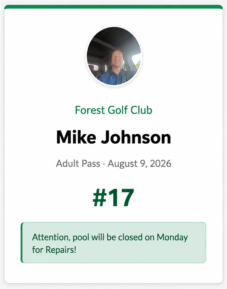 A member's digital pool pass for Forest Golf Club, showing their photo, pass number, and a club alert about a pool closure.